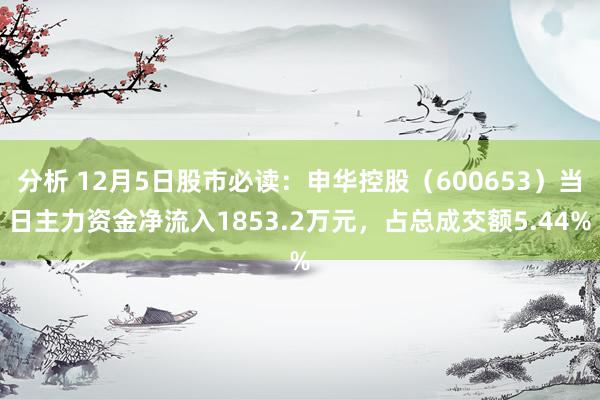 分析 12月5日股市必读：申华控股（600653）当日主力资金净流入1853.2万元，占总成交额5.44%