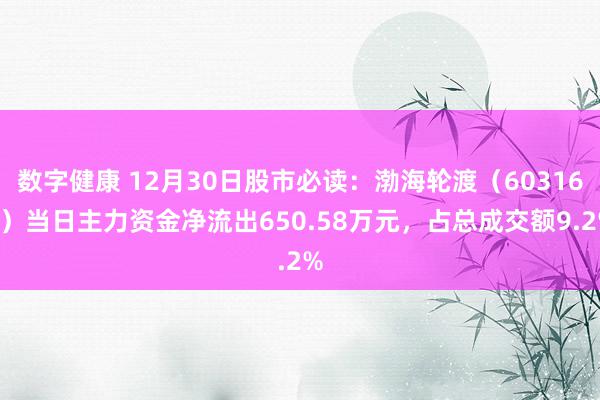 数字健康 12月30日股市必读：渤海轮渡（603167）当日主力资金净流出650.58万元，占总成交额9.2%