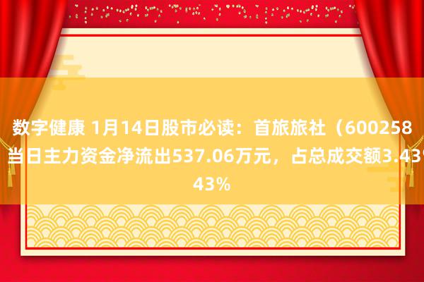 数字健康 1月14日股市必读：首旅旅社（600258）当日主力资金净流出537.06万元，占总成交额3.43%